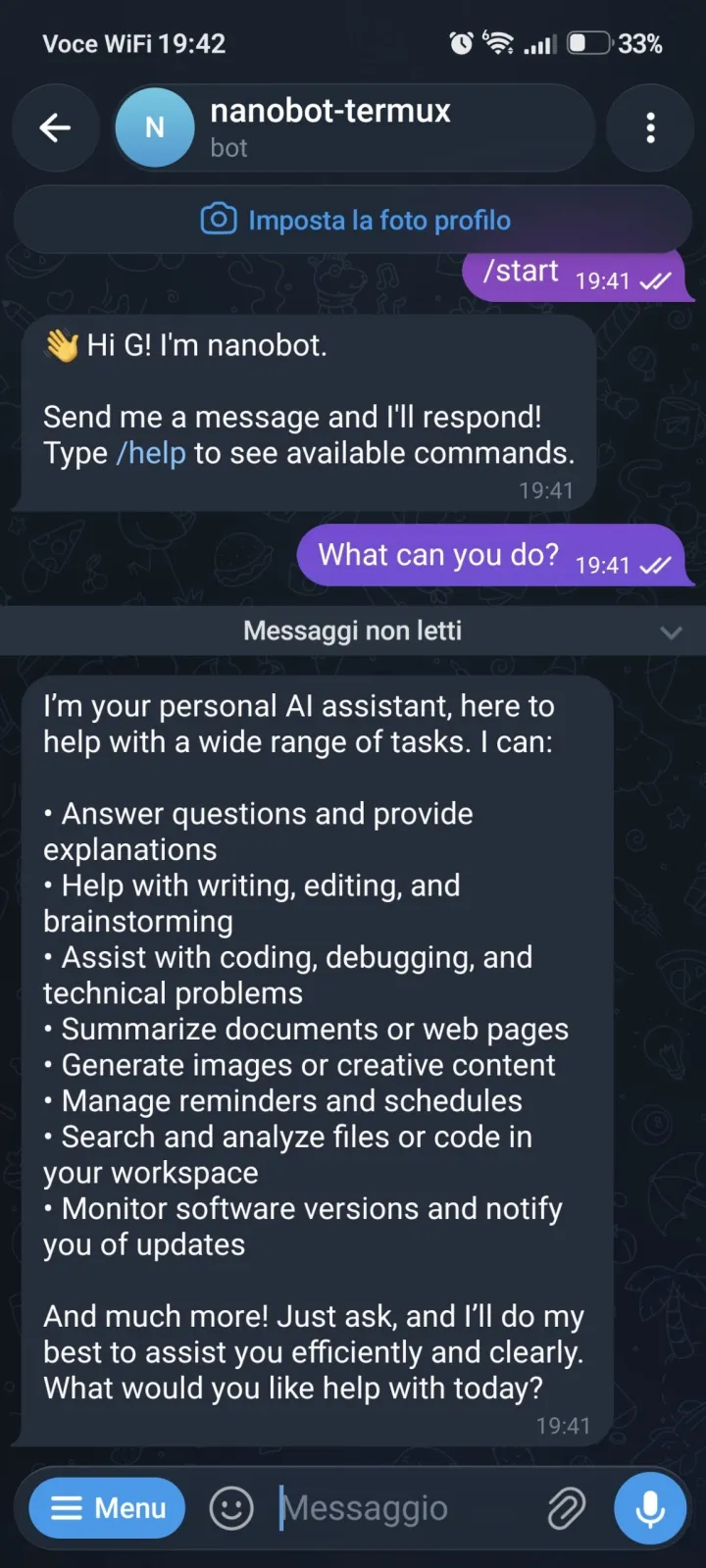 Telegram chat with the nanobot-termux bot: /start, a welcome message, and a reply listing what it can do